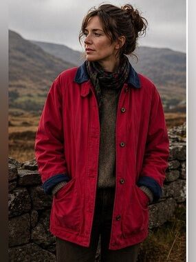 VINTAGE Barn Chore Jacket Red Navy Women's Large Cotton Spring Casual Farm 90s